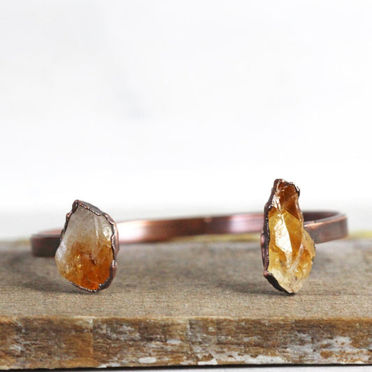 Citrine Bracelet - Open Copper Cuff - Raw Crystal Bracelet - Double Stone Bracelet