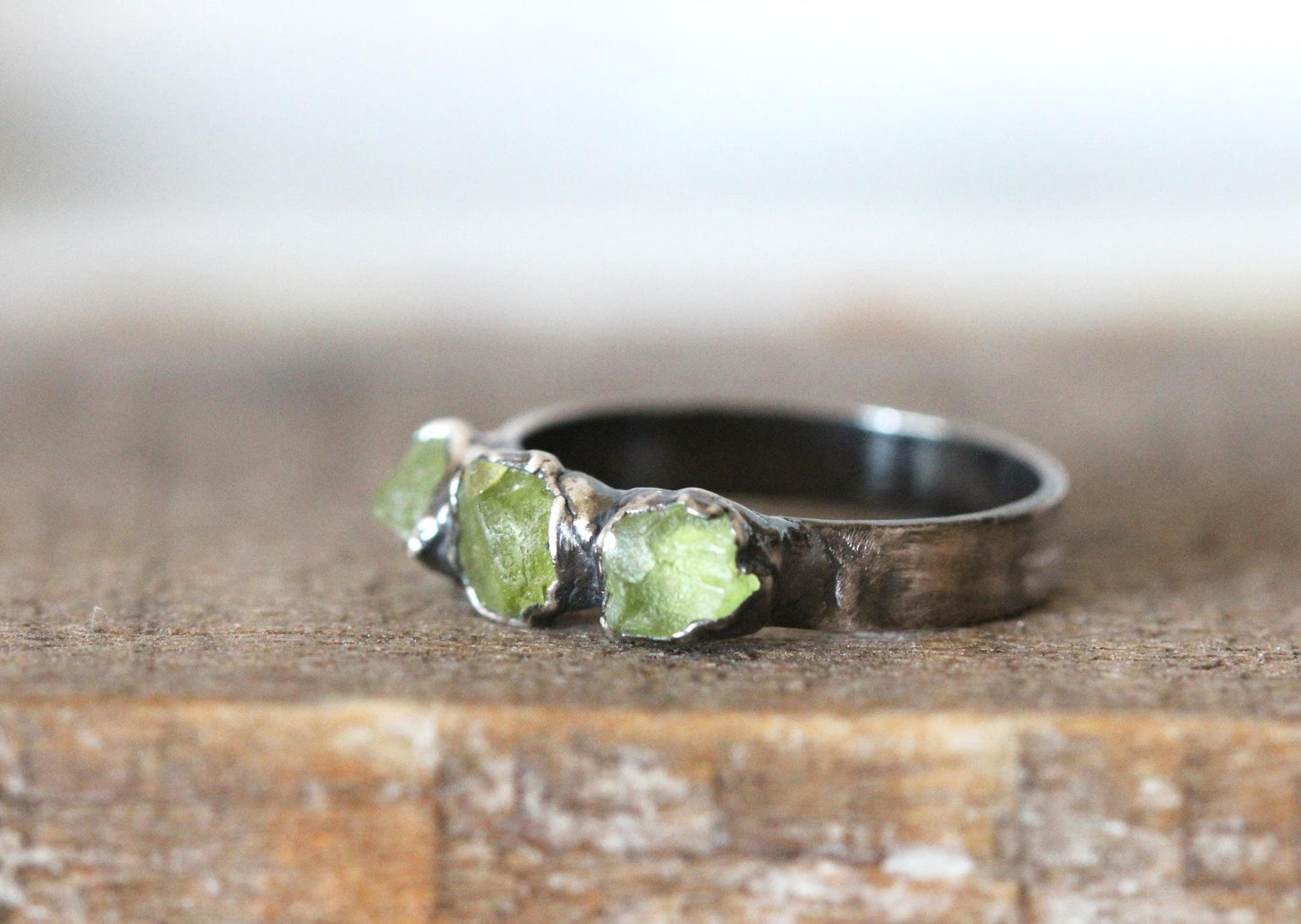 Raw Peridot Ring - August Birthstone - Wide Band - Multi Stone Ring