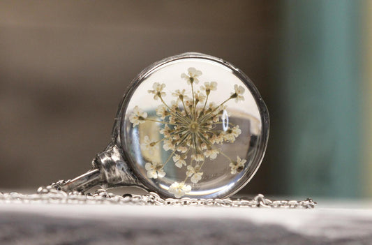Queen Anne's Lace Necklace - Bridesmaid Gift - Flower Terrarium Pendant - Spring Jewelry