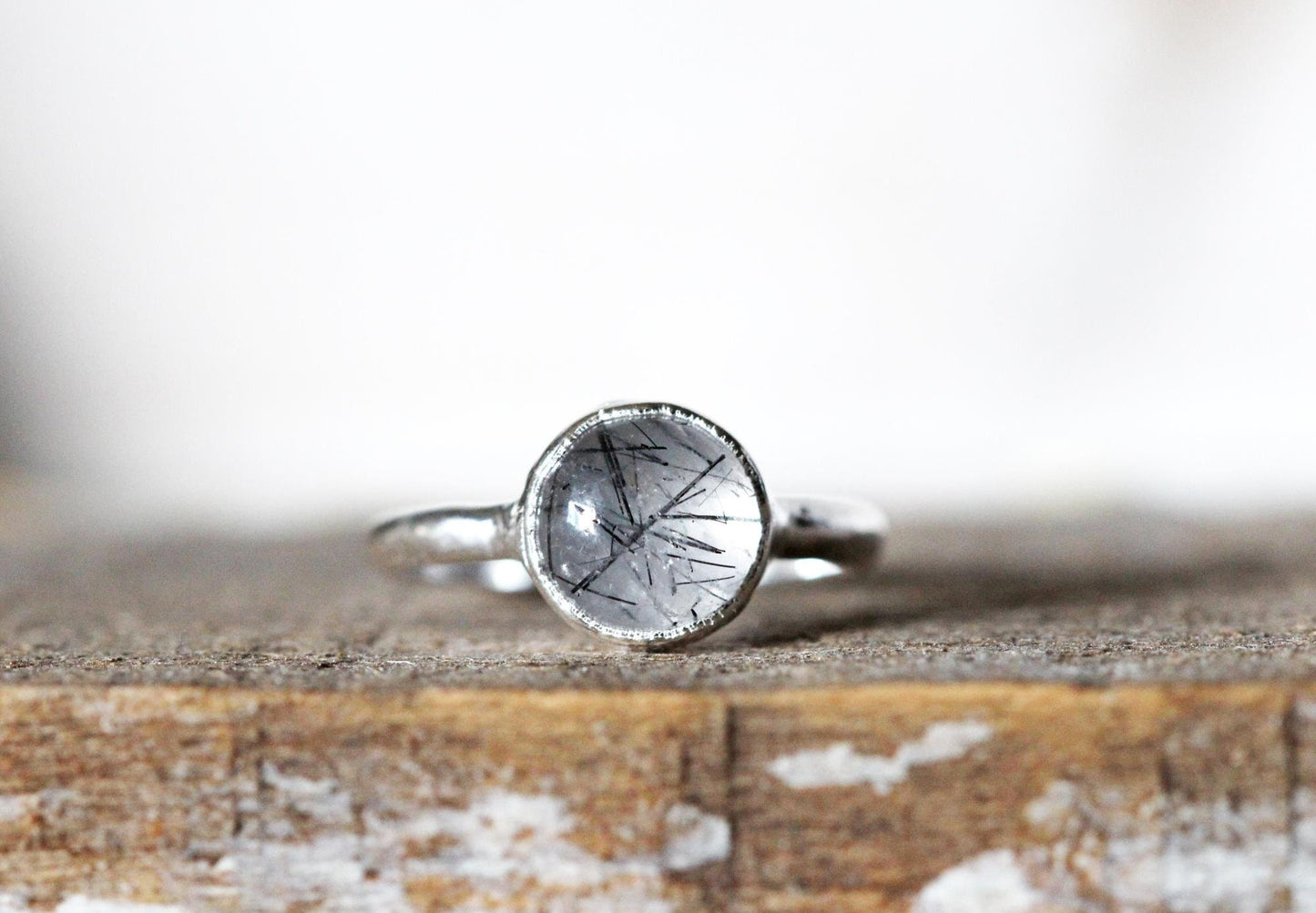 Rutilated Quartz Ring - Black Rutile Ring - Round Polished Stone