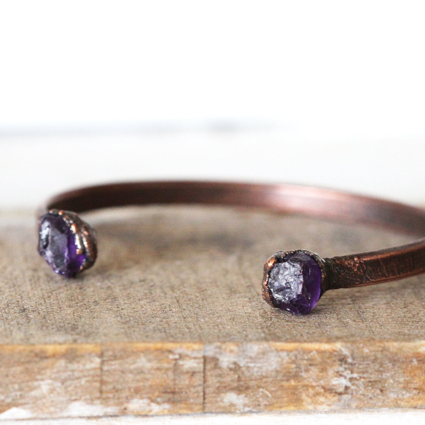 Raw Amethyst Bracelet - February Birthstone - Open Copper Cuff - Raw Crystal Bracelet - Double Stone Bracelet