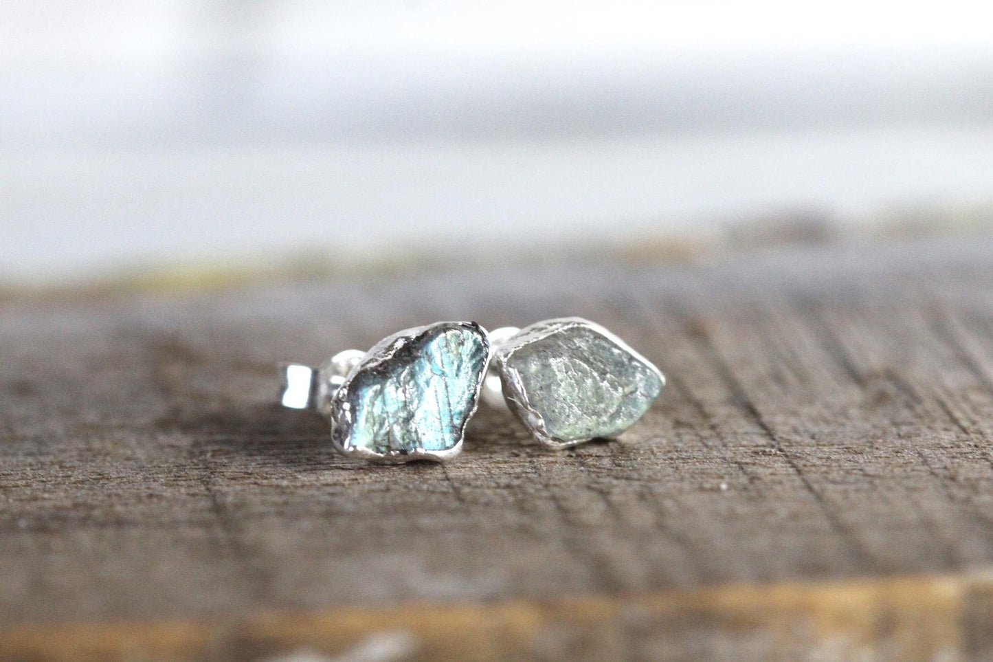 Raw Labradorite Studs - Labradorite Earrings - Raw Stone Copper Earrings